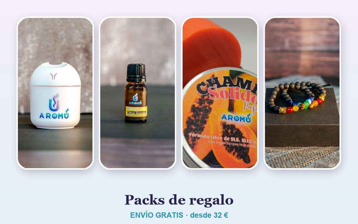 Packs de regalo de Aromu: difusor, aceite esencial, champú sólido y pulsera