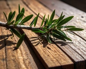 Hoja del aceite esencial de árbol de té, ideal para aliviar el estrés, purificar la piel y fortalecer el sistema inmunológico. Perfecto para aromaterapia y masajes.