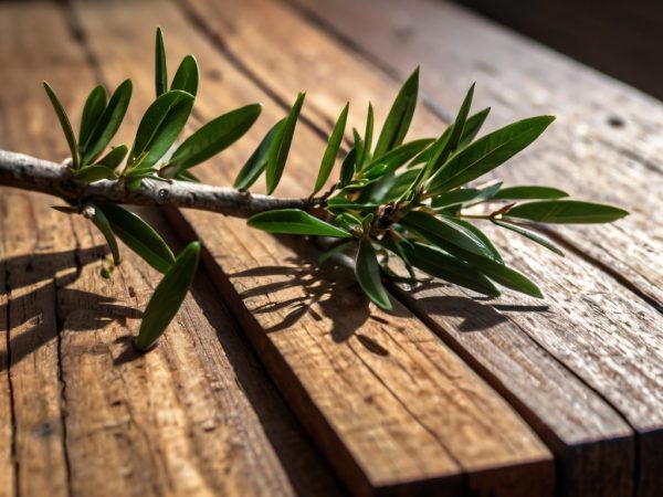 Hoja del aceite esencial de árbol de té, ideal para aliviar el estrés, purificar la piel y fortalecer el sistema inmunológico. Perfecto para aromaterapia y masajes.