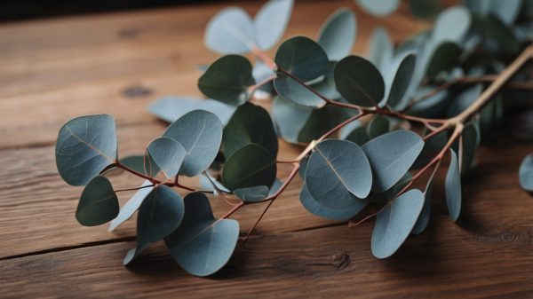 Hoja del aceite esencial de eucalipto, ideal para aliviar el estrés, despejar las vías respiratorias y revitalizar la mente. Perfecto para aromaterapia y masajes.