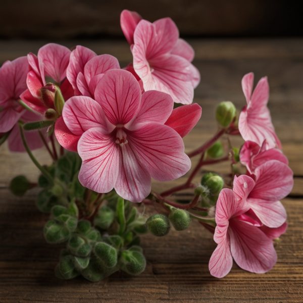 Flor del aceite esencial de geranio, ideal para aliviar el estrés, equilibrar las emociones y mejorar la piel. Perfecto para aromaterapia y masajes.