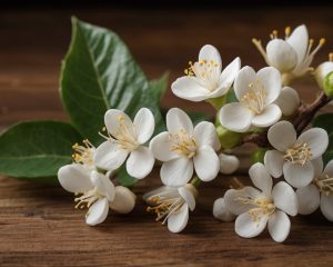 Flor del aceite esencial de jazmín, ideal para aliviar el estrés, elevar el ánimo y mejorar la piel. Perfecto para aromaterapia y masajes.