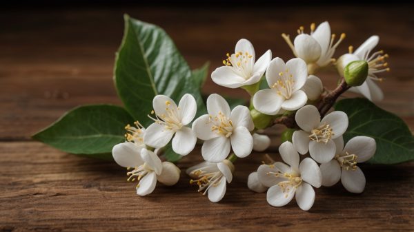 Flor del aceite esencial de jazmín, ideal para aliviar el estrés, elevar el ánimo y mejorar la piel. Perfecto para aromaterapia y masajes.