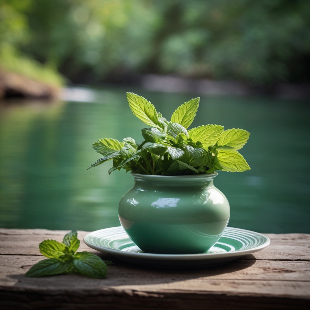 Hojas de menta fresca para aceites esenciales en una maceta verde