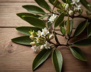 Hoja del aceite esencial de árbol de té limón, ideal para aliviar el estrés, purificar el ambiente y mejorar la concentración. Perfecto para aromaterapia y masajes.