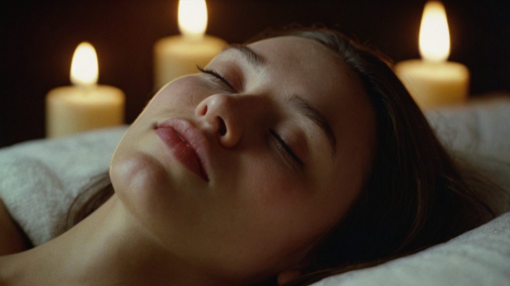 Primer plano de una mujer recibiendo un masaje, mostrando su rostro con una expresión de relajación profunda y placer, con velas encendidas en el fondo.