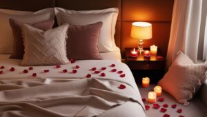 A cozy and intimate bedroom scene designed to evoke fond memories of romantic moments with a partner. The scene should include a neatly made bed with soft linens, scattered rose petals, warm ambient lighting from bedside lamps and candles, and a few decorative elements like cushions and a soft blanket. The overall atmosphere should feel inviting, warm, and romantic.
