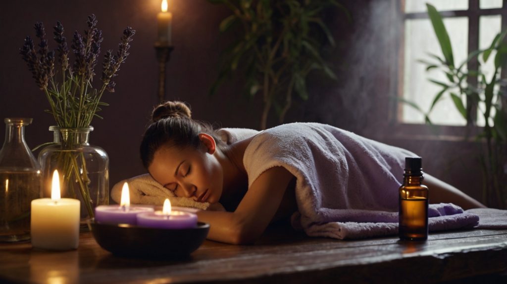 Una mujer disfrutando de un masaje relajante en una habitación acogedora, rodeada de velas encendidas y flores de lavanda. La imagen resalta el uso del aceite esencial de lavanda en aromaterapia y masajes, mostrando una atmósfera tranquila y relajante que mejora la experiencia de bienestar. Ideal para ilustrar artículos sobre los beneficios del aceite de lavanda en el cuidado personal y la relajación