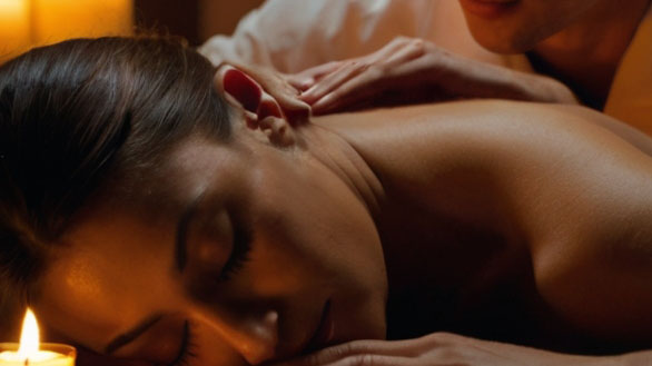 Escena de masaje romántico con velas encendidas y una mujer recibiendo un masaje en un ambiente cálido y acogedor.