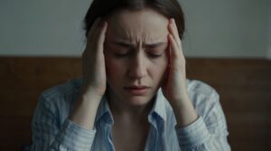 Mujer con expresión de estrés, sosteniéndose la cabeza con las manos, ilustrando los efectos de la ansiedad en la vida moderna.