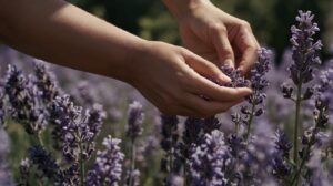 Primer plano de manos recolectando flores de lavanda en un campo. La imagen muestra el cuidado y la atención al seleccionar las flores, destacando la conexión con la naturaleza y la pureza del proceso de obtención del aceite esencial de lavanda. Ideal para ilustrar artículos sobre la producción y beneficios naturales de la lavanda
