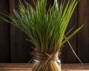 Planta del aceite esencial de citronela, ideal para repeler insectos, refrescar el ambiente y aliviar tensiones. Perfecto para aromaterapia y masajes.