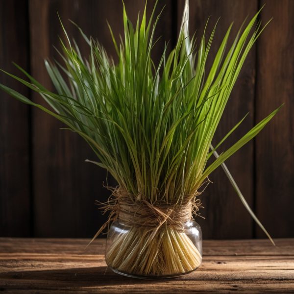 Planta del aceite esencial de citronela, ideal para repeler insectos, refrescar el ambiente y aliviar tensiones. Perfecto para aromaterapia y masajes.