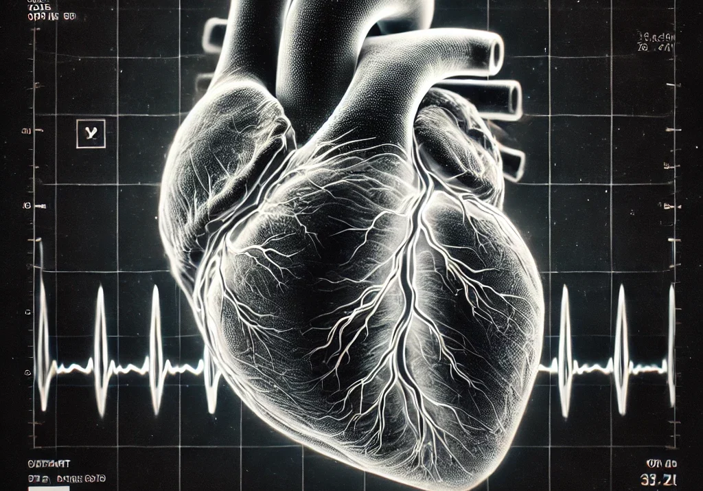 A highly detailed and realistic image resembling a medical ultrasound of a human heart. The image should show the heart in black and white with clear, defined edges and textures typical of an echocardiogram. The heart is displayed in cross-sectional view with visible chambers, valves, and surrounding tissues. The background is dark, emphasizing the bright, white outlines of the heart structure. There are faint grid lines and annotations, similar to those seen on medical imaging screens, adding to the authenticity of the ultrasound. The overall style should be clinical and professional, with a focus on accuracy and detail.