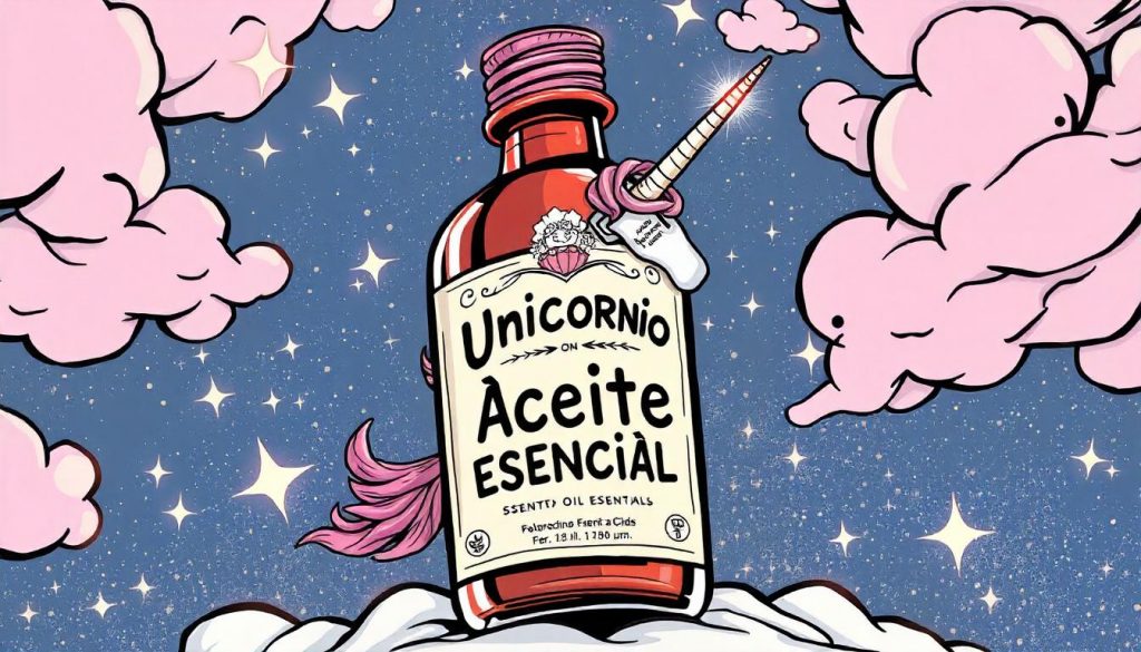 Un frasco de aceite esencial con una etiqueta fantástica que dice 'Aceite Esencial de Unicornio', adornado con efectos de brillo y magia. El frasco está sobre una mesa decorada con estrellas y elementos de fantasía, resaltando la idea de algo que parece demasiado bueno para ser verdad.