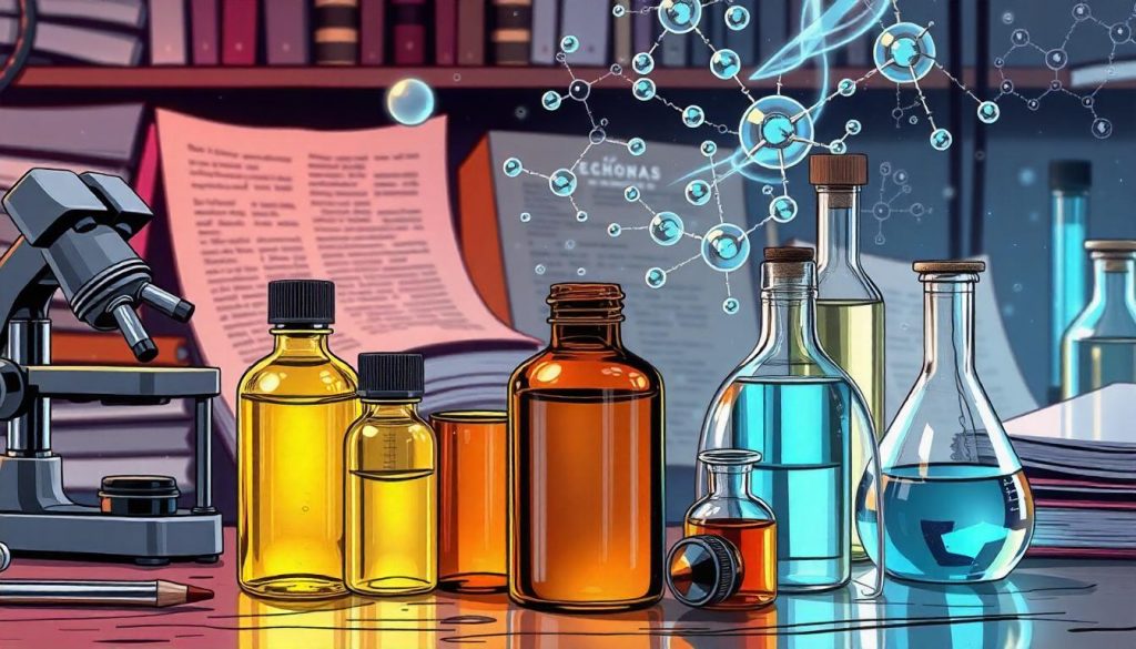 Un laboratorio con frascos de aceites esenciales en primer plano, junto a equipos científicos como microscopios y pipetas. En el fondo, se ven gráficos y fórmulas químicas, resaltando la investigación científica detrás de los aceites esenciales