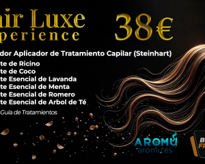 "Promoción Hair Luxe Experience: Set de lujo para el cuidado del cabello que incluye un masajeador Steinhart, aceites esenciales naturales (ricino, coco, lavanda, menta, romero, árbol de té) y una guía práctica, presentado con un diseño elegante y exclusivo Black Friday por 38 €.