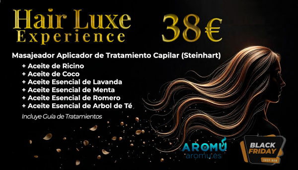 "Promoción Hair Luxe Experience: Set de lujo para el cuidado del cabello que incluye un masajeador Steinhart, aceites esenciales naturales (ricino, coco, lavanda, menta, romero, árbol de té) y una guía práctica, presentado con un diseño elegante y exclusivo Black Friday por 38 €.