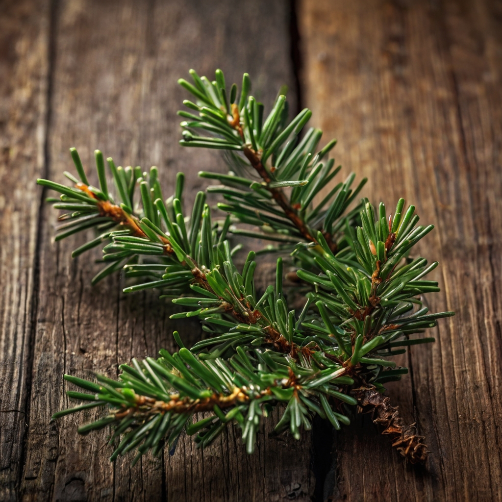 Ramita pequeña de abeto con agujas verdes frescas, colocada sobre una mesa de madera rústica. Representación natural y detallada de la planta utilizada para la elaboración del aceite esencial de abeto.