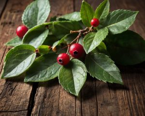Hojas frescas y bayas rojas de la planta de gaulteria (Wintergreen) sobre una mesa de madera rústica. Representación natural y detallada de la planta utilizada para la elaboración del aceite esencial de gaulteria