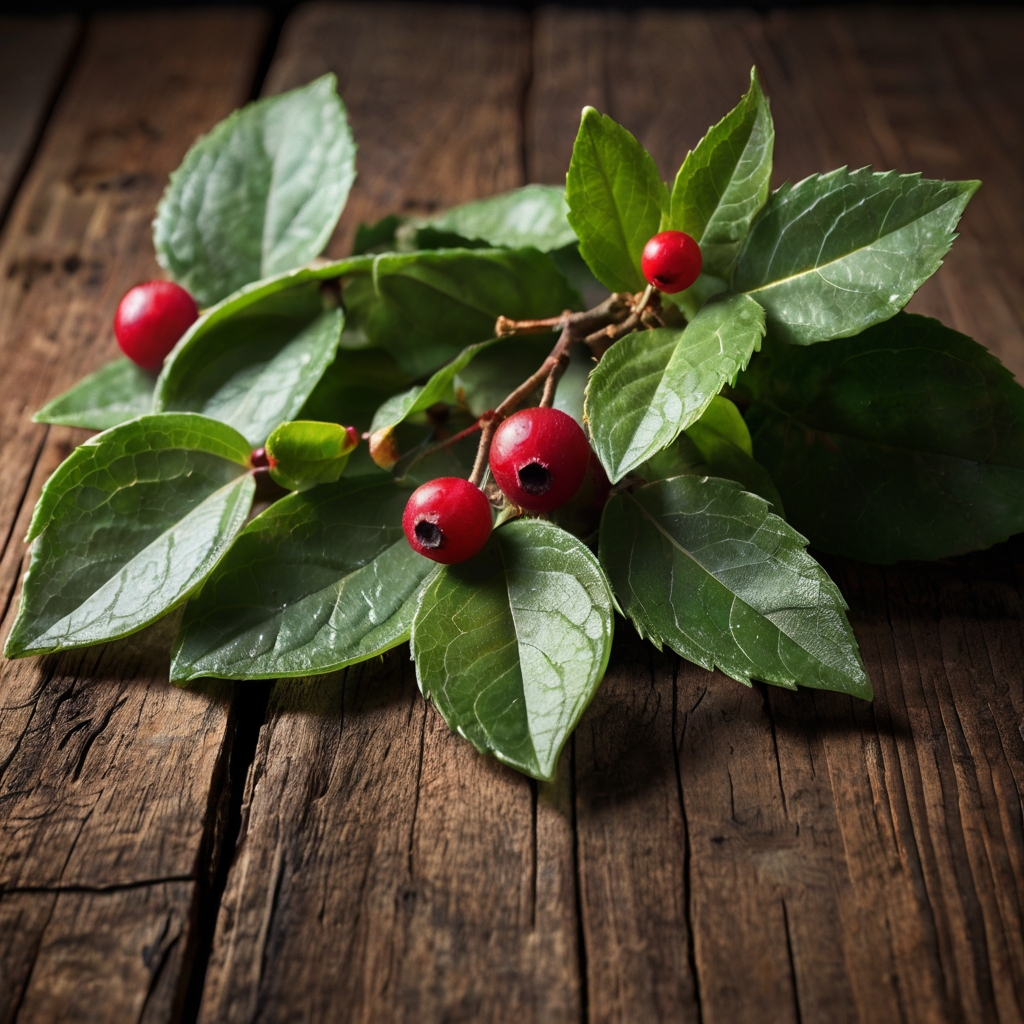 Hojas frescas y bayas rojas de la planta de gaulteria (Wintergreen) sobre una mesa de madera rústica. Representación natural y detallada de la planta utilizada para la elaboración del aceite esencial de gaulteria