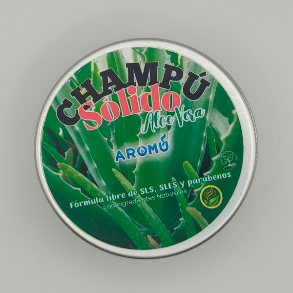 Champú sólido de Aloe Vera de Aromú en envase de aluminio, con fórmula libre de SLS, SLES y parabenos, hecho con ingredientes naturales.