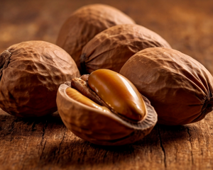 Nueces de argán sobre una superficie de madera, mostrando tanto nueces enteras como una partida al medio, revelando el núcleo rico en aceite utilizado para producir aceite de argán de Aromu.