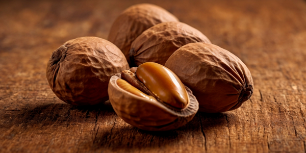 Nueces de argán sobre una superficie de madera, mostrando tanto nueces enteras como una partida al medio, revelando el núcleo rico en aceite utilizado para producir aceite de argán de Aromu.