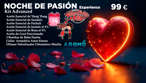 Kit Noche de Pasión Experience - Edición San Valentín. Incluye aceites esenciales afrodisíacos, difusor nebulizador Minilia, bombas de baño y collar aromático. Ideal para crear un ambiente romántico y especial. Edición limitada por 99 €
