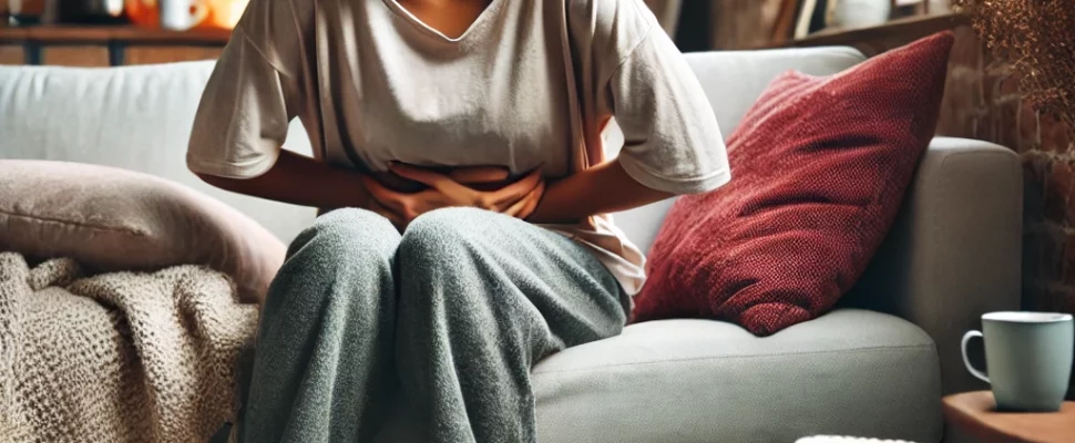 Mujer sentada en un sofá, sujetando su abdomen con expresión de dolor, en una habitación acogedora con luz natural, ilustrando los síntomas de dismenorrea o dolores menstruales.
