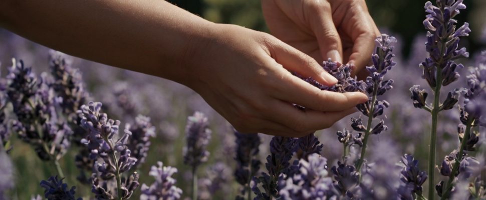 Primer plano de manos recolectando flores de lavanda en un campo. La imagen muestra el cuidado y la atención al seleccionar las flores, destacando la conexión con la naturaleza y la pureza del proceso de obtención del aceite esencial de lavanda. Ideal para ilustrar artículos sobre la producción y beneficios naturales de la lavanda
