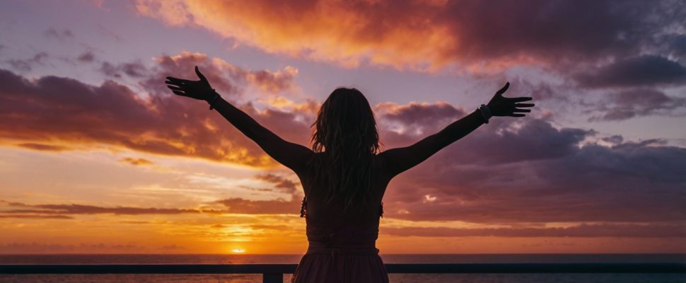 Silhouette-style image featuring a person standing on a balcony or platform, with their arms outstretched, facing a dramatic sunset over the ocean. The sky is filled with vibrant hues of orange, pink, and purple, with clouds partially obscuring the sun, creating a striking contrast between light and shadow. The person appears to be enjoying the moment, with their head tilted back and hair flowing. The railing of the balcony is dark and contrasts sharply with the bright, colorful sky and the calm ocean below.